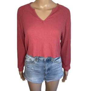 American Eagle Soft & Sexy Casual Dark Pink V-Neck Long Sleeve Crop Sweater Top